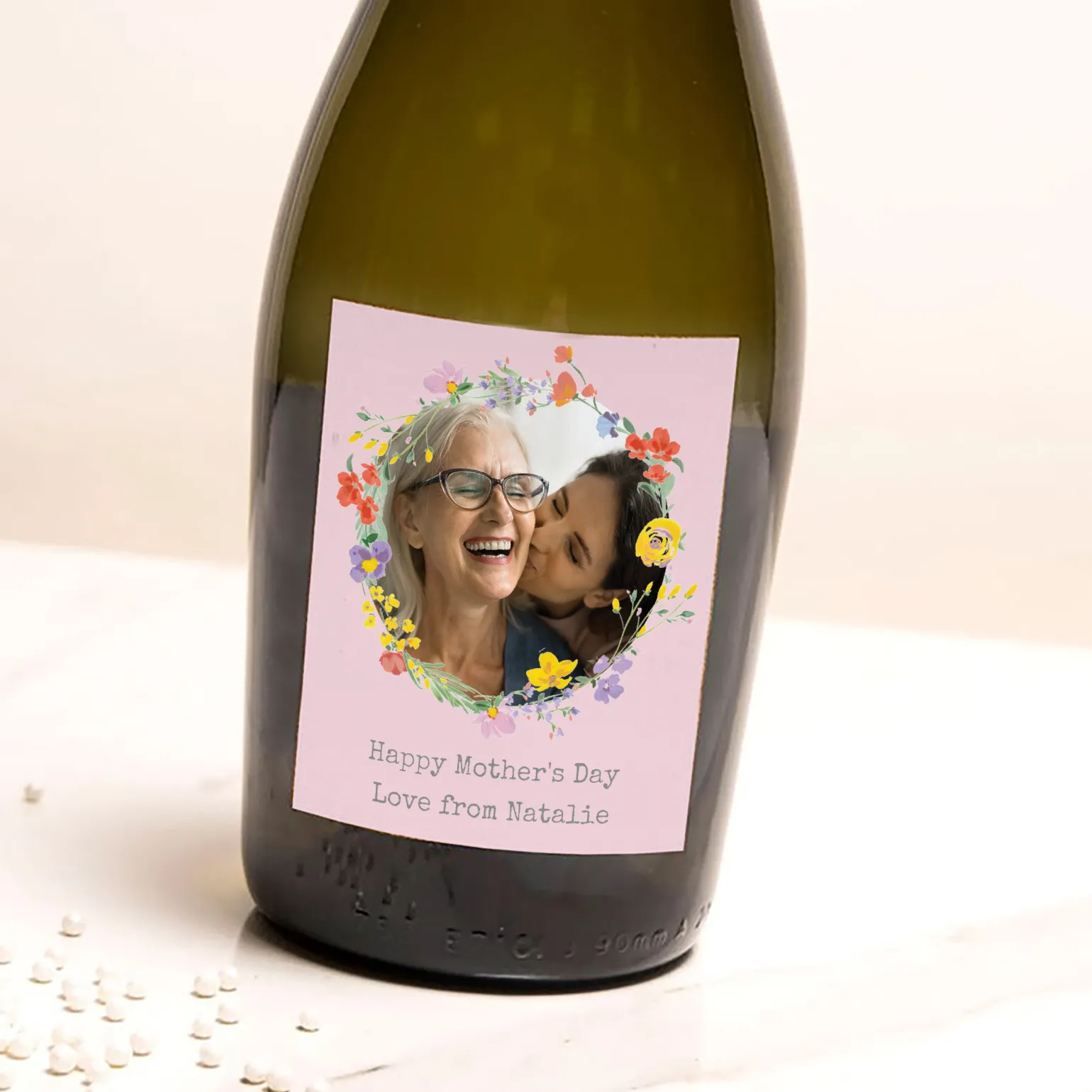 Personalised Prosecco - Photo Upload - Pink Circle of Flowers
