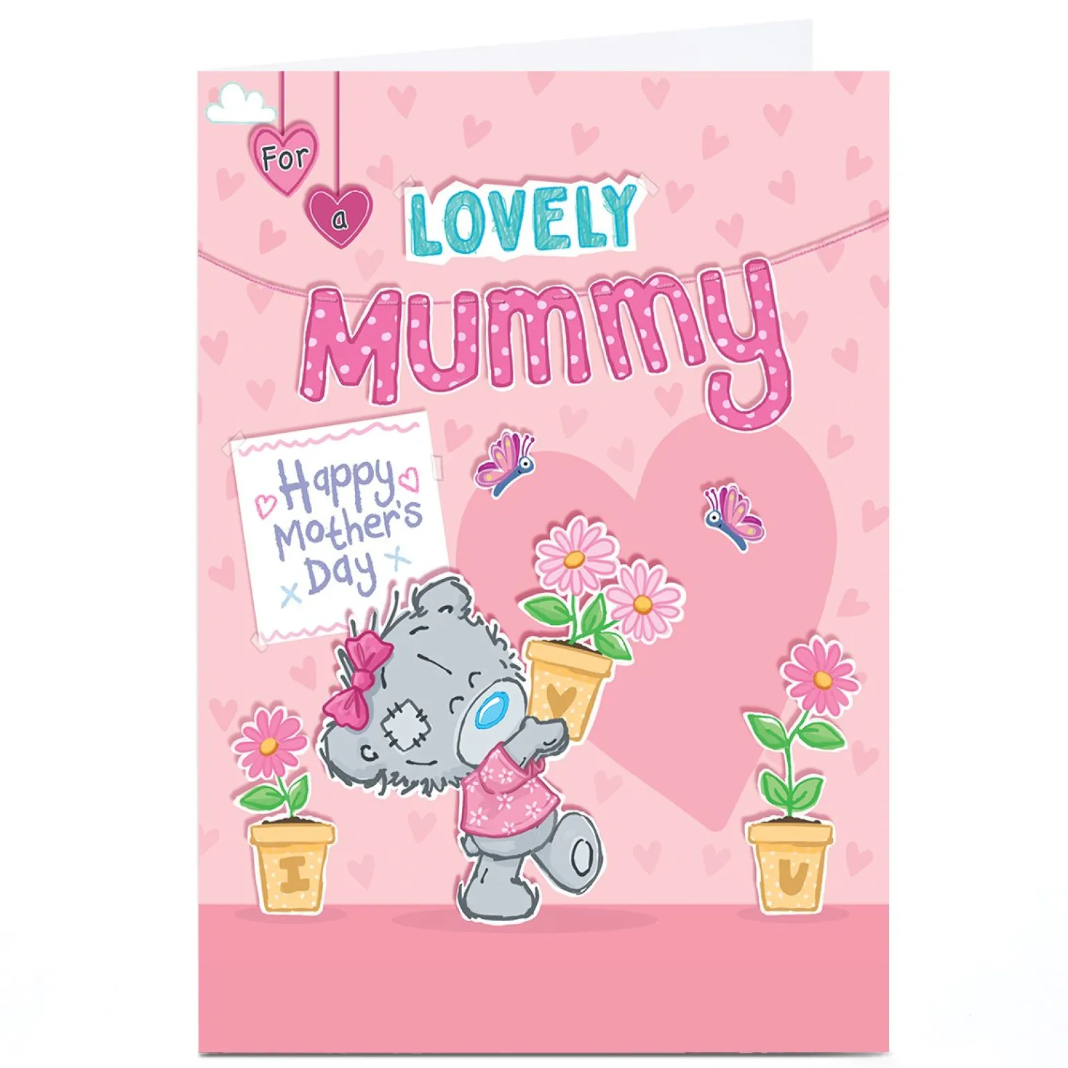 Personalised Tatty Teddy Mother's Day Card - Bear with Flower Pots, Lovely Mummy