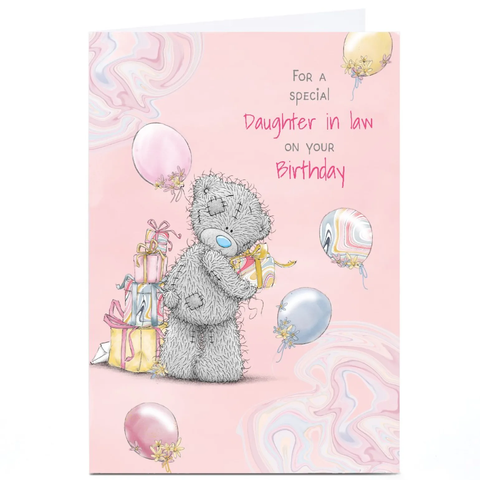 Personalised Tatty Teddy Birthday Card - Balloons and Presents, Daughter in Law