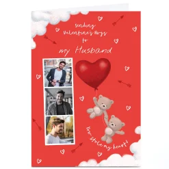 Personalised Valentine Hugs Photo Card- Cute Bears with Heart Balloon