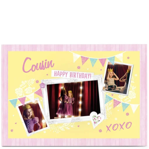 Photo Birthday Card - Cousin, Yellow & Pink Bunting
