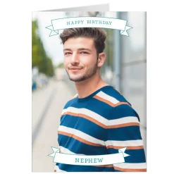 Photo Birthday Card - Nephew, Blue Banner