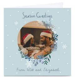 Photo Christmas Card - Blue Wreath Season's Greetings