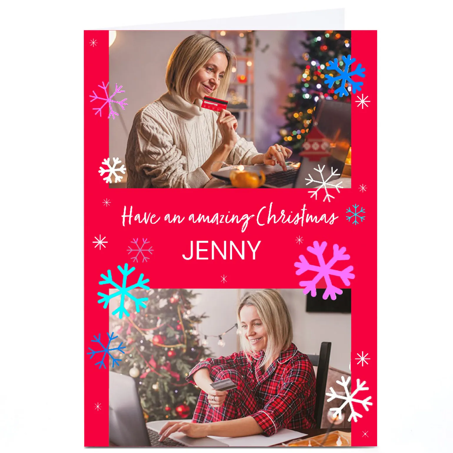 Photo Christmas Card - Bright Snowflakes, Any Name