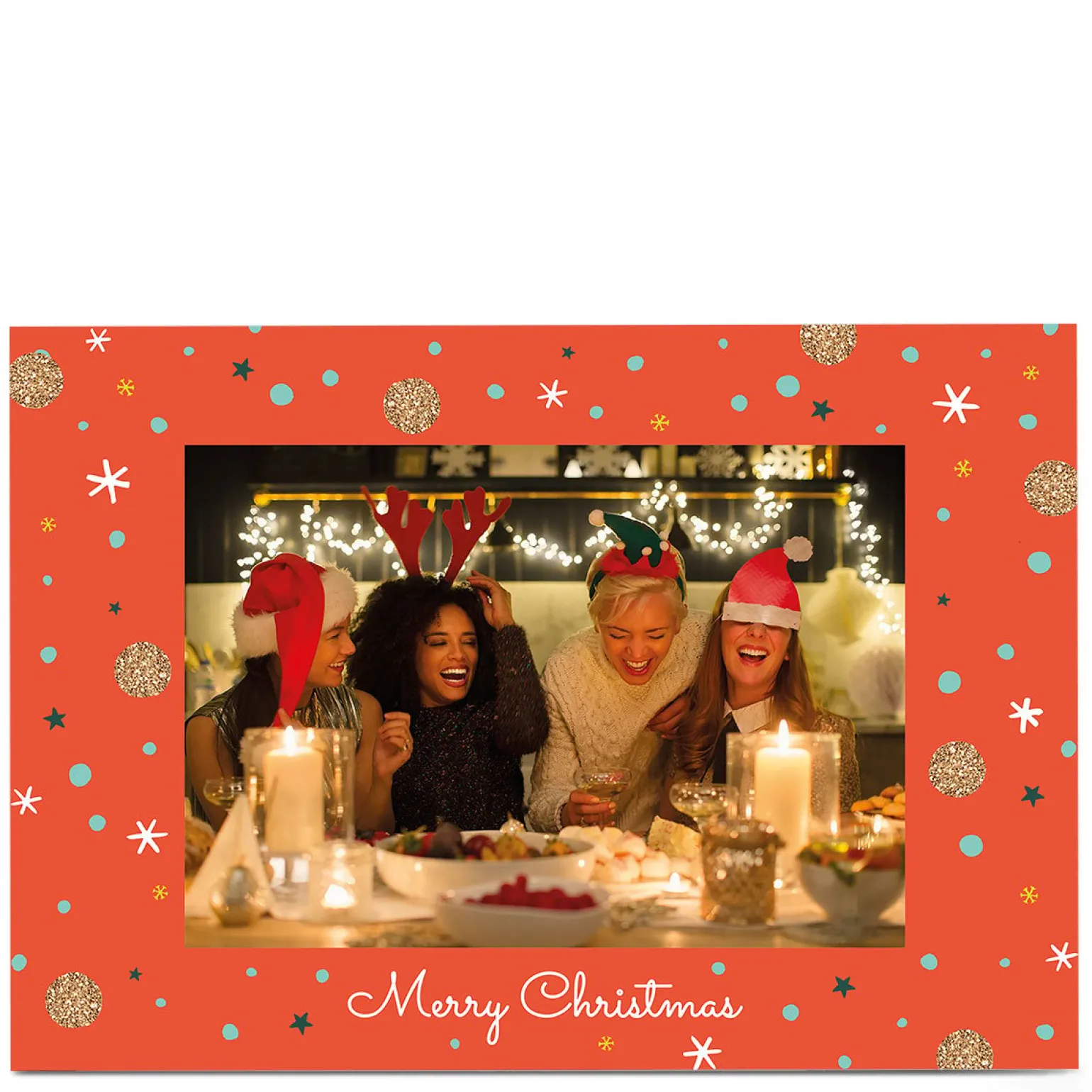 Photo Christmas Card - Red Frame, Snowflakes