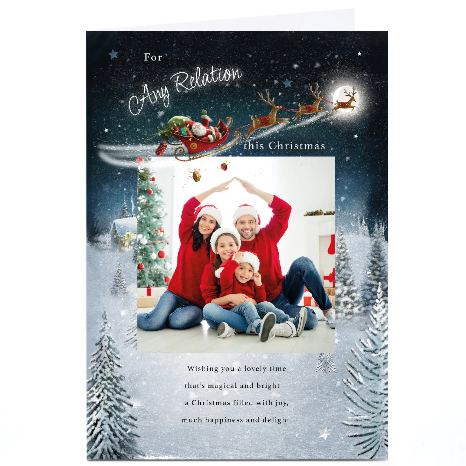 Photo Christmas Card - Santa's Sleigh over Snowy Town, Any Relation