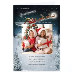 Photo Christmas Card - Santa's Sleigh over Snowy Town, Grandparents