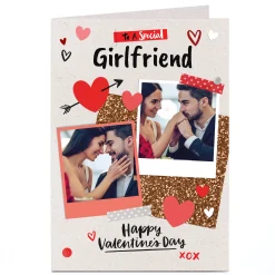 Photo Upload Valentine's Card - Red Hearts & Polaroids, Girlfriend
