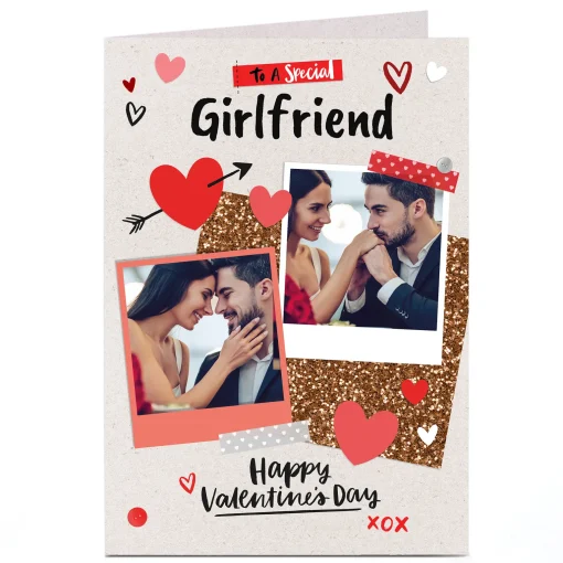 Photo Upload Valentine's Card - Red Hearts & Polaroids, Girlfriend