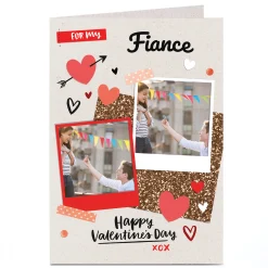 Photo Upload Valentine's Card - Red Hearts & Polaroids, Fiance